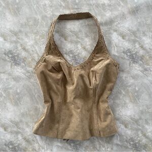 VTG Cache Early 2000s Rare Genuine Suede Leather Halter Top w/ Corset Style Back